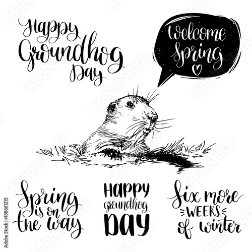 Vector Happy Groundhog Day sketched illustration with hand lettering. February 2 greeting card, poster etc