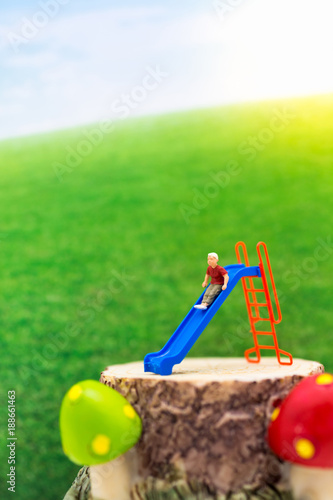 Miniature children: The boy is playing slider happily with a vast green meadow. Image use for Children's Day