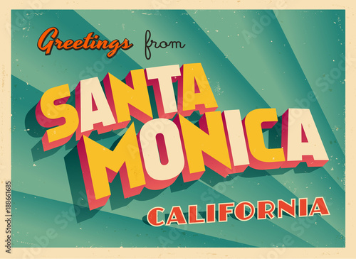 Vászonkép Vintage Touristic Greeting Card From Santa Monica, California - Vector EPS10