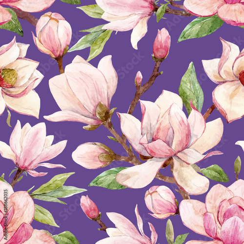 Watercolor magnolia floral vector pattern