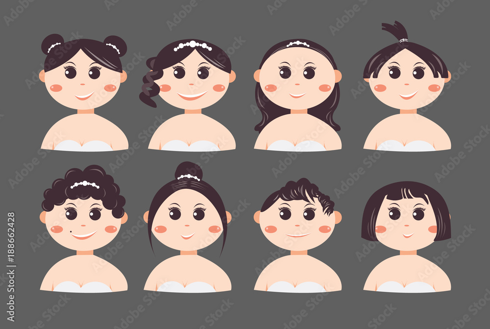 Set of different facial expressions Asians Girl or Women Cartoon Character; Wedding and Hairstyles concept design; vector illustration. Set of different facial expressions Asians Girl or Women Cartoon Character; Wedding and Hairstyles concept design; vector illustration.