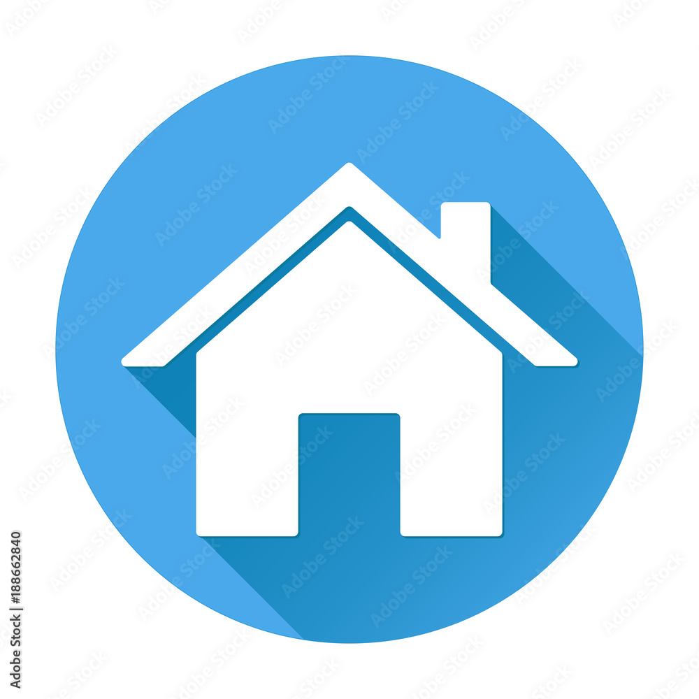 Home icon. White silhouette on blue round background Home icon. White silhouette on blue round background