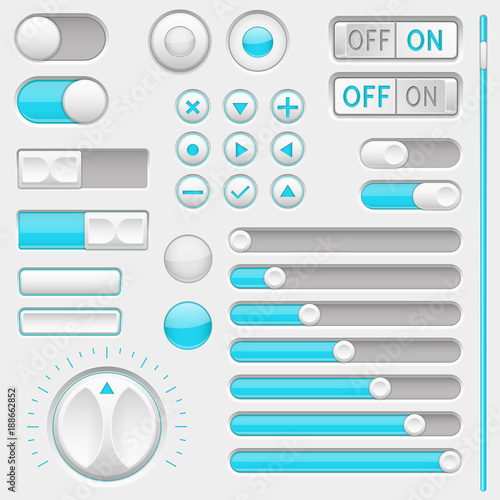 Set of white and blue interface navigation buttons, sliders
