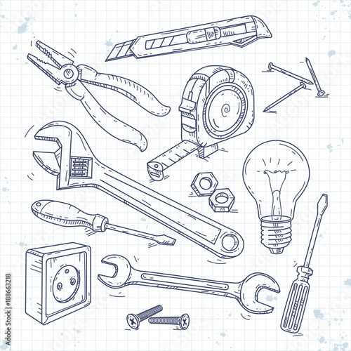 hand sketch icons set of carpentry tools, pliers, screwdriver, light bulb and the wrench