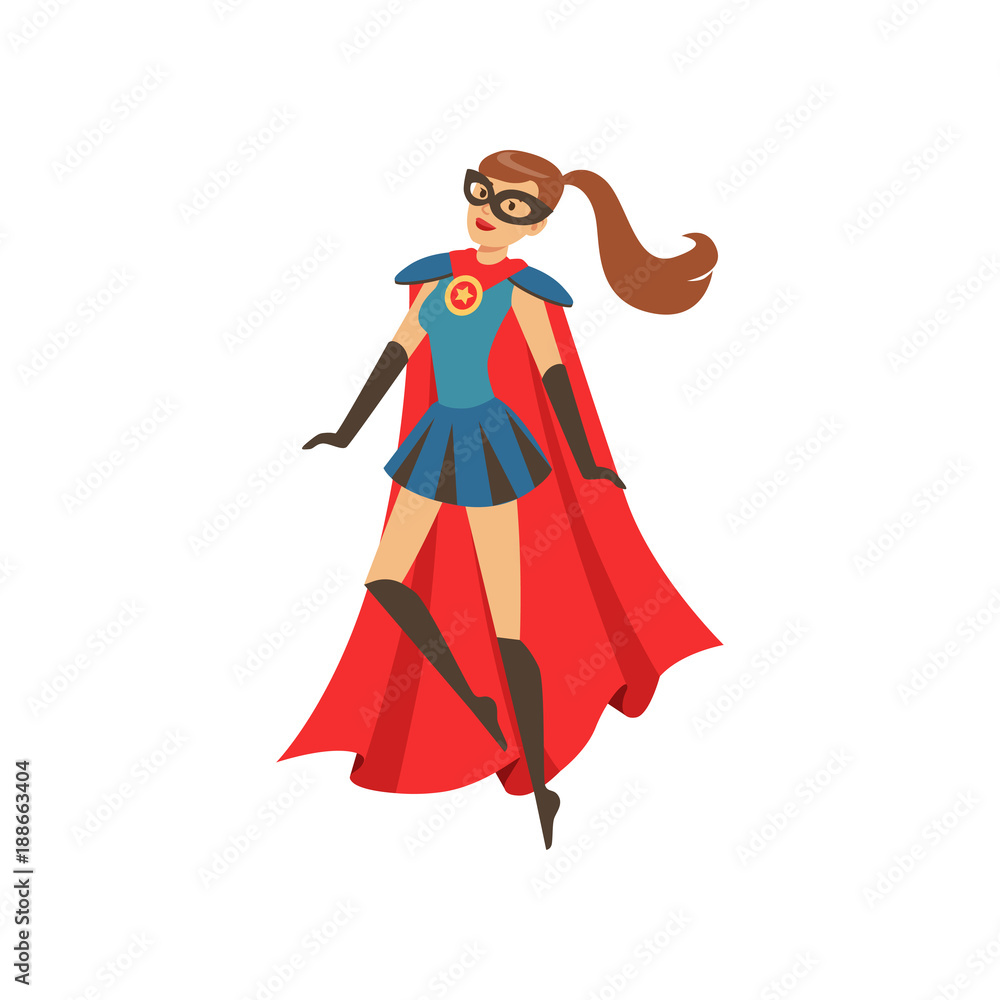 Young superhero woman character in blue costume with red cape cartoon vector Illustration