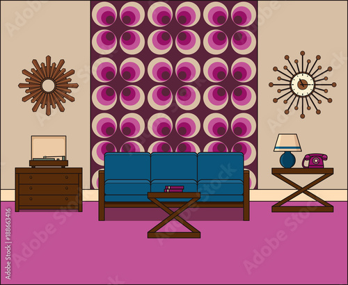 Room in flat design. Retro living room interior 1960s in line art. Linear illustration. Vector graphics. Thin line vintage home space with couch, turntable and telephone. House equipment. 