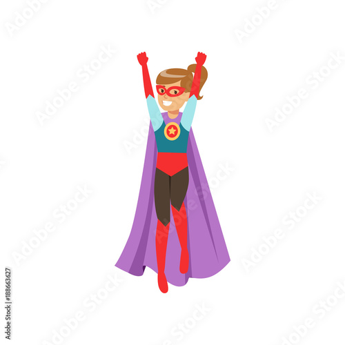Cute girl character dressed as a super hero standing with her hands raised cartoon vector Illustration