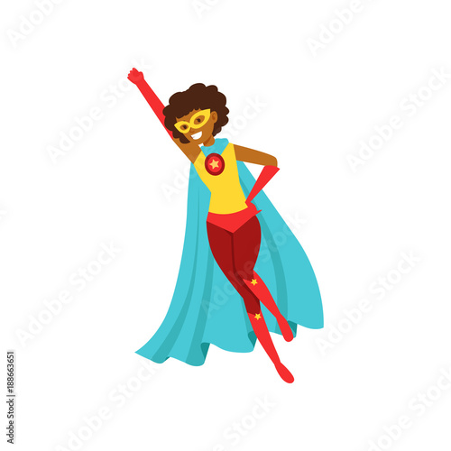 Afro american woman character dressed as a super hero flying in the traditional heroic pose cartoon vector Illustration