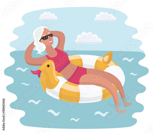 Elderly woman relaxing take sunbath, sitting in sun chairs under beach umbrella.