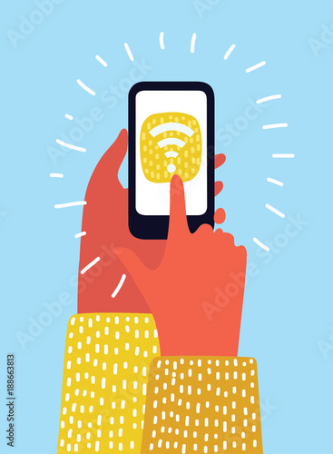 Hand holding smartphone with wifi connect on screen over blurred in shopping mall background