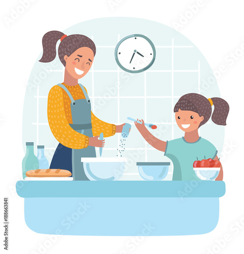Young beautiful mother teaches daughter prepare dough in the kitchen