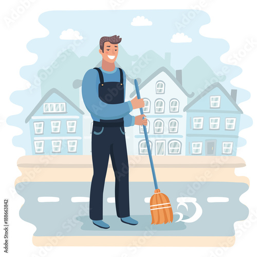 Janitor sweeping the street
