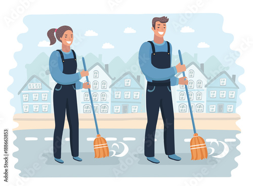 Set of male and female smiling young janitor in a blue suit, sweeping the floor with broom, 