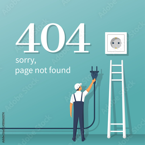 404 Error, page not found. Connection error. Electrical outlet and plug in hand man disabled, concept. Isolated on background. Broken stairs. Vector illustration flat design. Network support service.