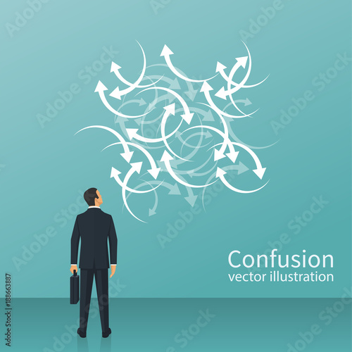 Confused direction. Confusion concept. Vector illustration flat design. Isolated on white background. Businessman faces a lot of arrows, road signs. Problem way.