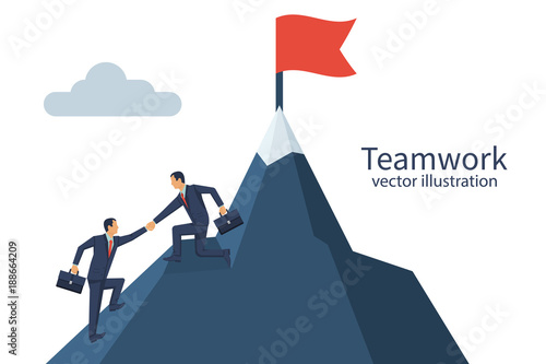 Teamwork concept. Two businessmen together rise on mountain with flag. Give help hand. Collaboration concept. Vector flat design. Isolated on background. Business people work together to achieve goal
