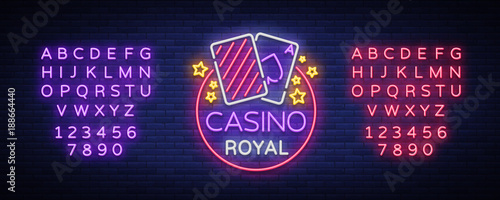 Casino Royal Neon Sign. Neon logo, emblem gambling, bright banner, neon casino advertising for your projects. Night light billboard, design element. Vector illustration. Editing text neon sign