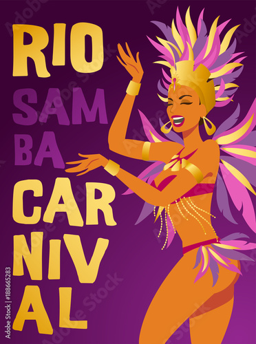 Poster Brazilian samba dancer. Vector carnival in Rio de Janeiro girl a festival costume is dancing.