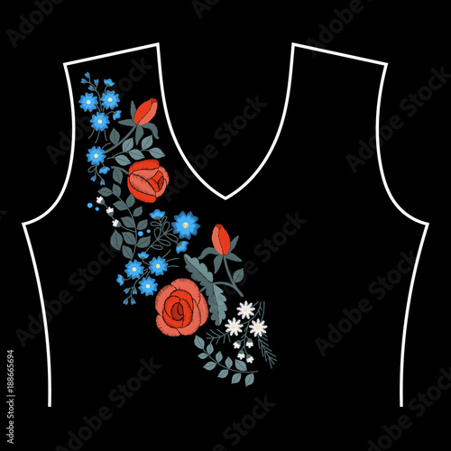 Roses embroidery with leaves, buds and spring flowers. Ethnic neck line, flower design, graphics fashion wearing. Embroidery for t-shirt. Satin stitch imitation, vector.