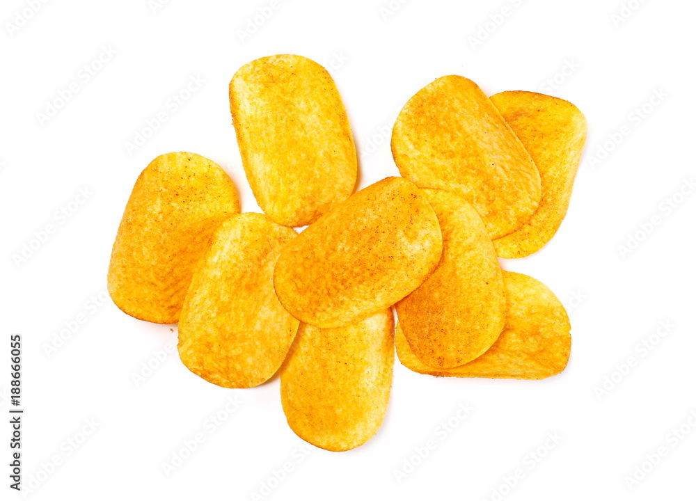 Barbecue flavored potato chips isolated on white background, top view Barbecue flavored potato chips isolated on white background, top view