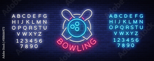 Bowling is a neon sign. Symbol emblem, Neon style logo, Luminous advertising banner, bright billboard, Design template for the Bowling Club, Tournaments. Vector illustration. Editing text neon sign
