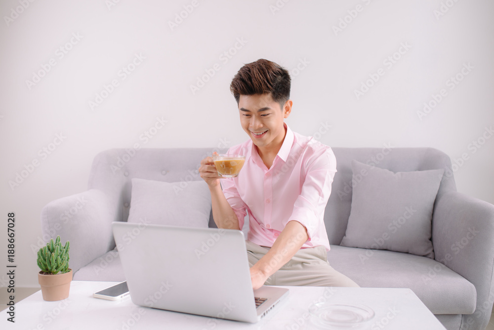 Handsome asian businessman smiling while working with a laptop at home Handsome asian businessman smiling while working with a laptop at home