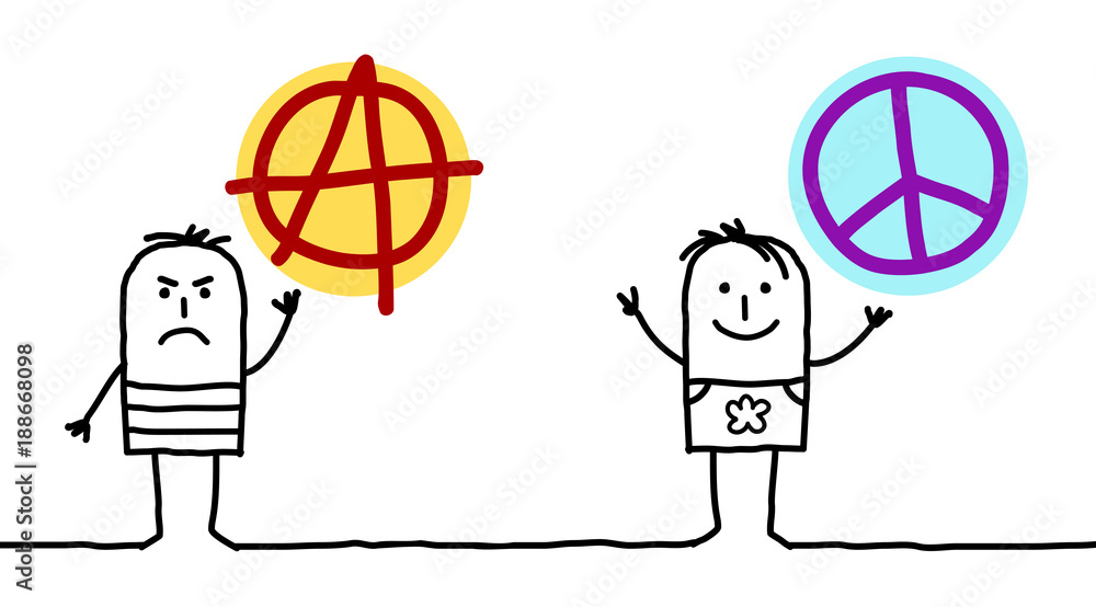 Cartoon Men with Anarchy and Peace Love Signs Cartoon Men with Anarchy and Peace Love Signs