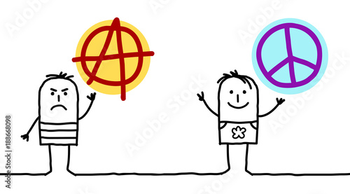Cartoon Men with Anarchy and Peace Love Signs