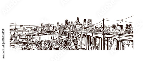 Los Angeles City in California. Hand drawn sketch illustration in vector.