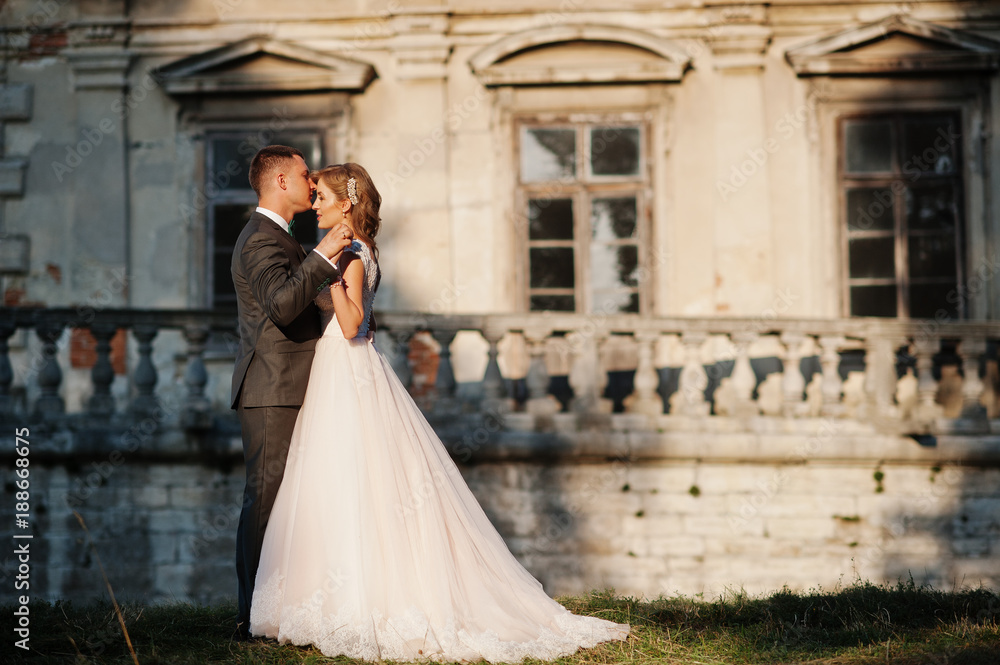 Obraz premium Fabulous wedding couple posing in front of an old medieval castle in the countryside on a sunny day.
