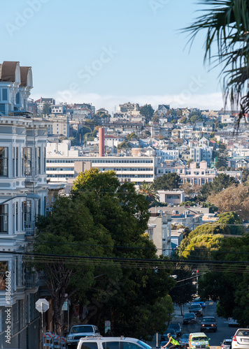 San Francisco city hills view and houses on it. Streets of San Francisco with hills