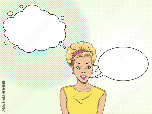 Comic empty speech bubbles. Retro girl pop art says and thinks.