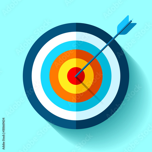 Target icon in flat style on color background. Arrow in the center aim. Vector design element for you business projects