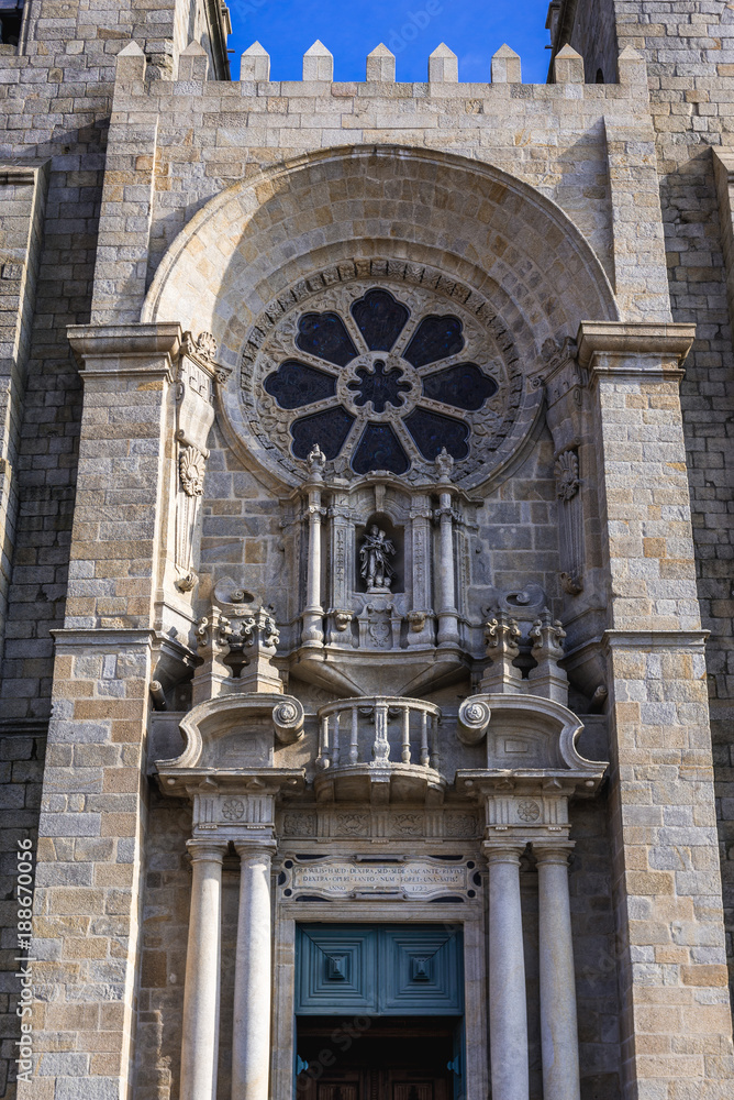 Front view of Se Cathedral in Porto city, Portugal