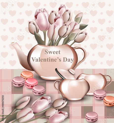 Sweet Valentine day card with tulip flowers in a pot. Vector realistic style....