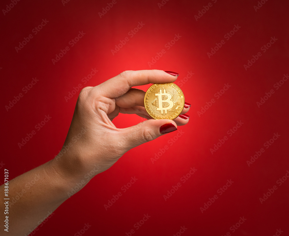 Fototapeta premium Holding golden bitcoin on red background