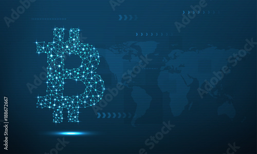 Bitcoin symbol with network connection inside on blue, world map  background.