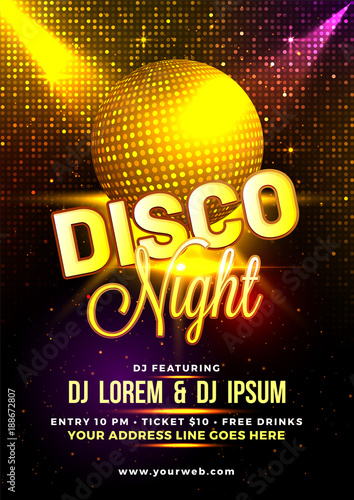 Golden shiny Disco Ball on shiny background, Disco Night Flyer, Poster or Party Template.