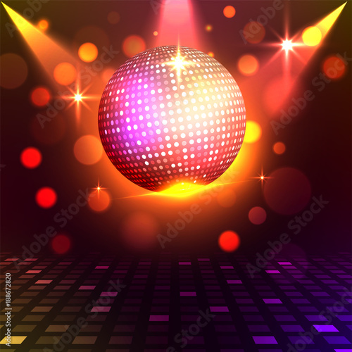 Golden shiny Disco Ball on shiny colorful lights background. Disco night concept.
