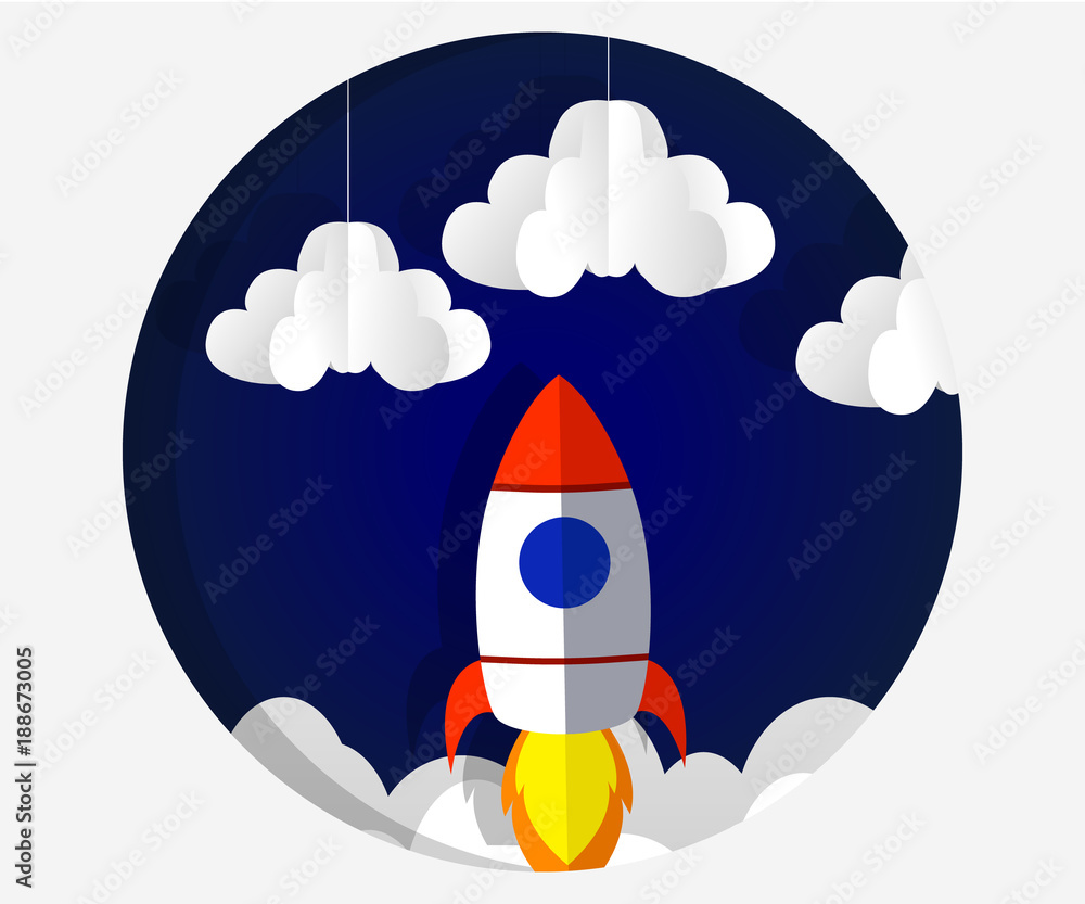 Paper art carving the rocket flying in space. Concept business idea, startup, exploration. style. Paper art carving the rocket flying in space. Concept business idea, startup, exploration. style.