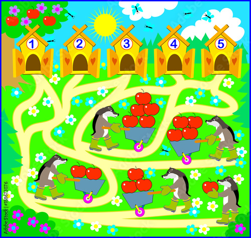 Logic exercise for children. Need to count the quantity of apples and draw the way from each animal till correct house. Vector cartoon image.