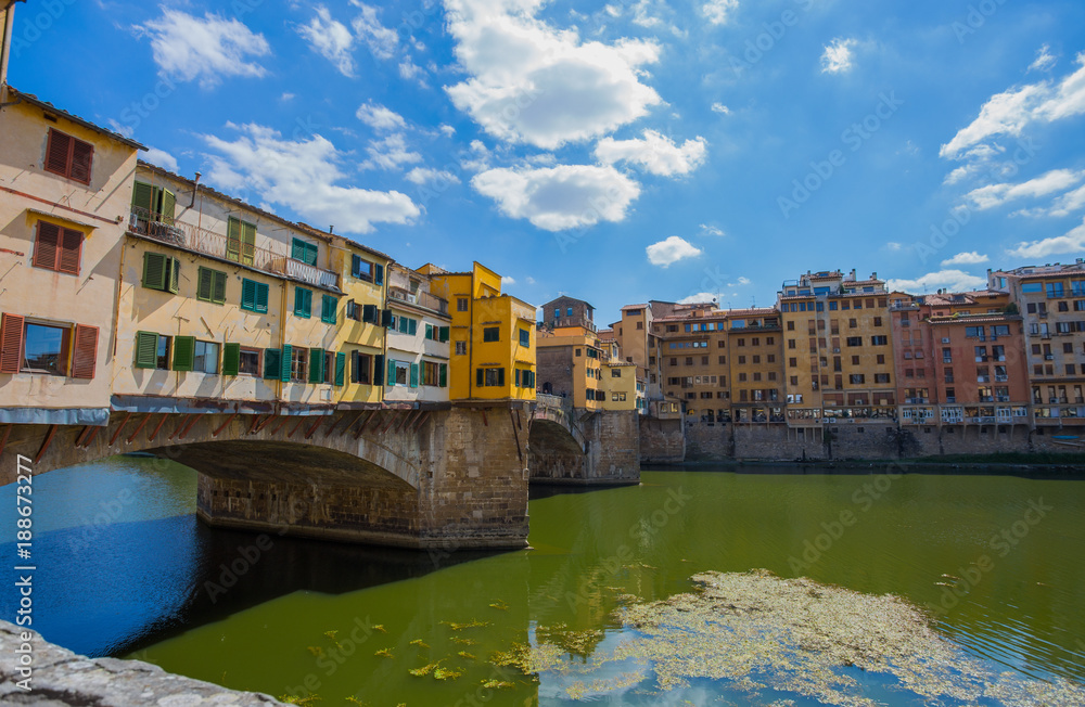 FLORENCE (FIRENZE), JULY 28, 2017 - View of Ponte Vecchio in Florence (Firenze), Tuscany, Italy.