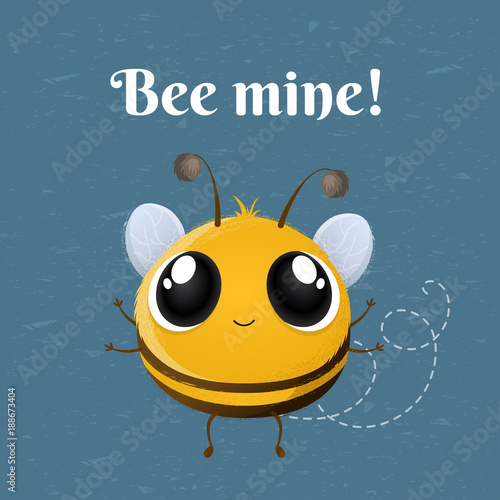 Cartoon cute bee character with arms open for hug. Bee mine message for Valentine's Day, birthday or love design. Vector illustration