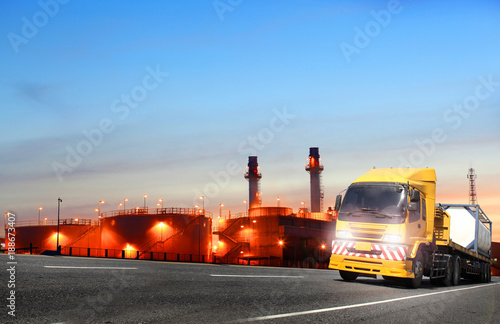 world industry oil and gas petrochemical plant and truck transport container with logistics concept
