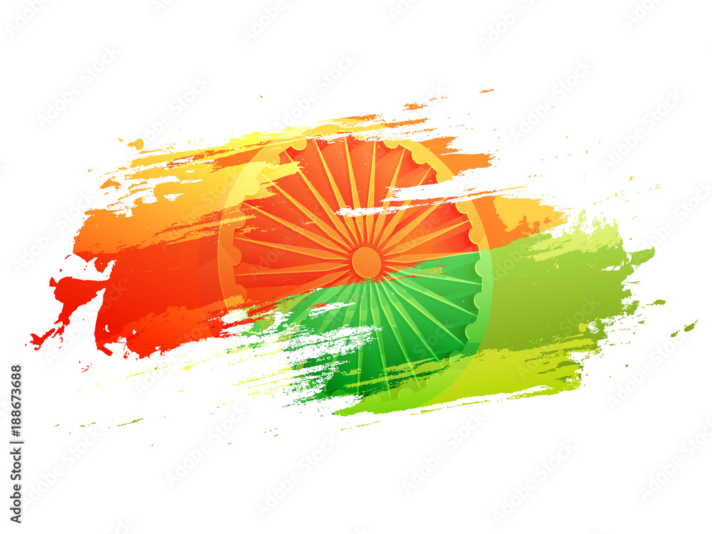 Saffron and green color grunge with Ashoka Wheel on white background