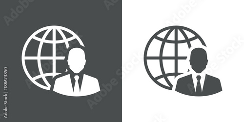 Icono plano abstracto hombre de negocios con globo terráqueo en gris y blanco
