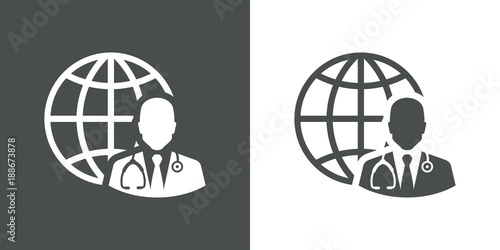 Icono plano abstracto mundo con médico en gris y blanco