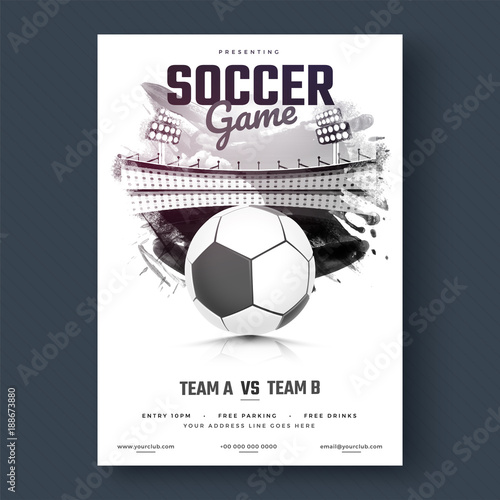 Soccer game flyer or poster design, black and white design.