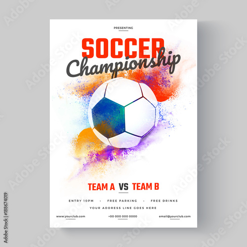 Soccer ball, soccer championship flyer or poster design on colorful background.