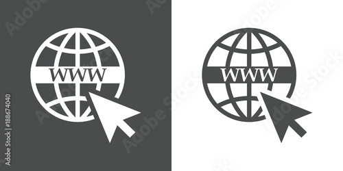 Icono plano mundo con texto WWW y puntero ratón en gris y blanco